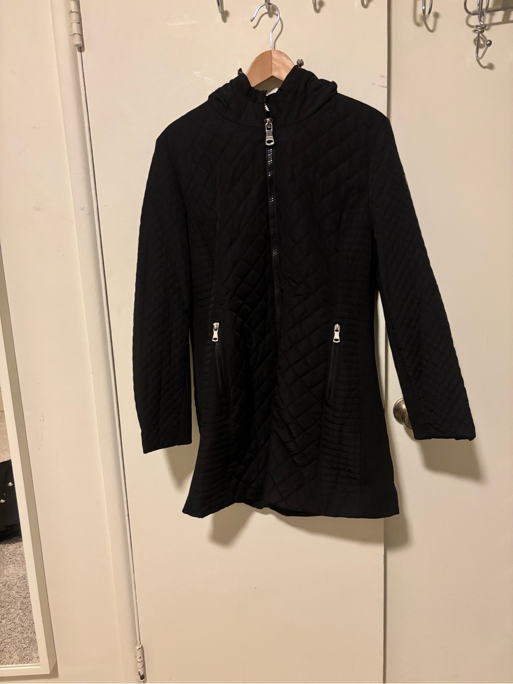 Calvin Klein Hooded Mixed Media Diamond Quilted Jacket Coat Black L